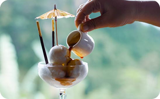 Vanilla ice cream topped with coffee It's a novelty for people who like ice cream and coffee.