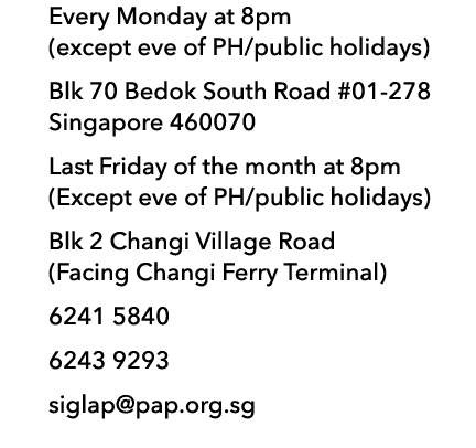 Every Monday at 8pm (except eve of PH/public holidays) Blk 70 Bedok South Road #01 278 Singapore 460070 Last Friday o...