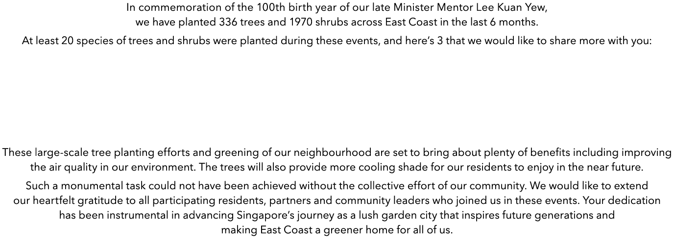 In commemoration of the 100th birth year of our late Minister Mentor Lee Kuan Yew, we have planted 336 trees and 1970...