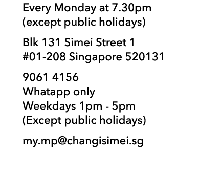 Every Monday at 7.30pm (except public holidays) Blk 131 Simei Street 1 #01 208 Singapore 520131 9061 4156 Whatapp onl...