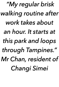  “My regular brisk walking routine after work takes about an hour. It starts at this park and loops through Tampines....