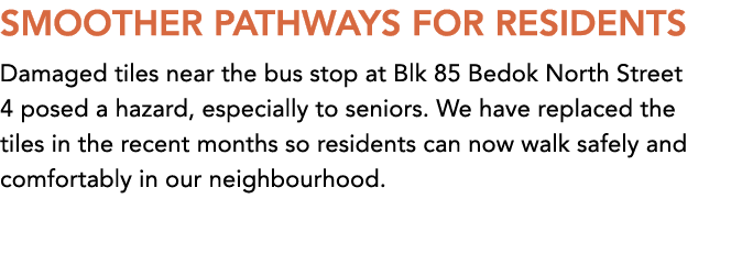 SMOOTHER PATHWAYS FOR RESIDENTS Damaged tiles near the bus stop at Blk 85 Bedok North Street 4 posed a hazard, especi...