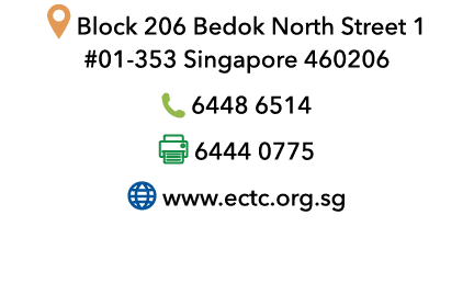 ￼ Block 206 Bedok North Street 1 #01 353 Singapore 460206 ￼ 6448 6514 ￼ 6444 0775 ￼ www.ectc.org.sg