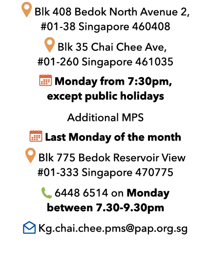 ￼ Blk 408 Bedok North Avenue 2, #01 38 Singapore 460408 ￼ Blk 35 Chai Chee Ave, #01 260 Singapore 461035 ￼ Monday fro...