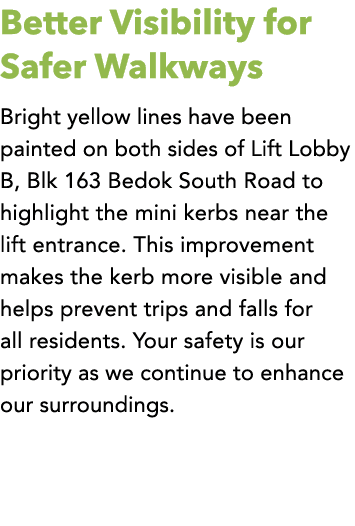 Better Visibility for Safer Walkways Bright yellow lines have been painted on both sides of Lift Lobby B, Blk 163 Bed...