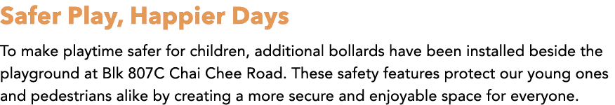 Safer Play, Happier Days To make playtime safer for children, additional bollards have been installed beside the play...