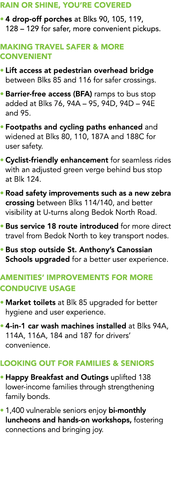 Rain or Shine, You’re Covered • 4 drop off porches at Blks 90, 105, 119, 128 – 129 for safer, more convenient pickups...
